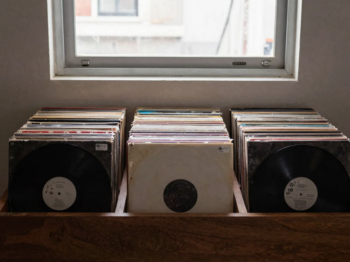 Primer plano de discos de vinilo apilados sobre una mesa de mader