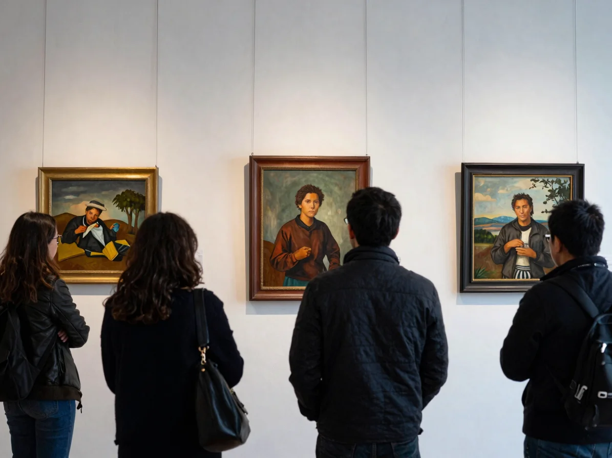 Sala de exposición con obras de pintura colgadas sobre muro blanc