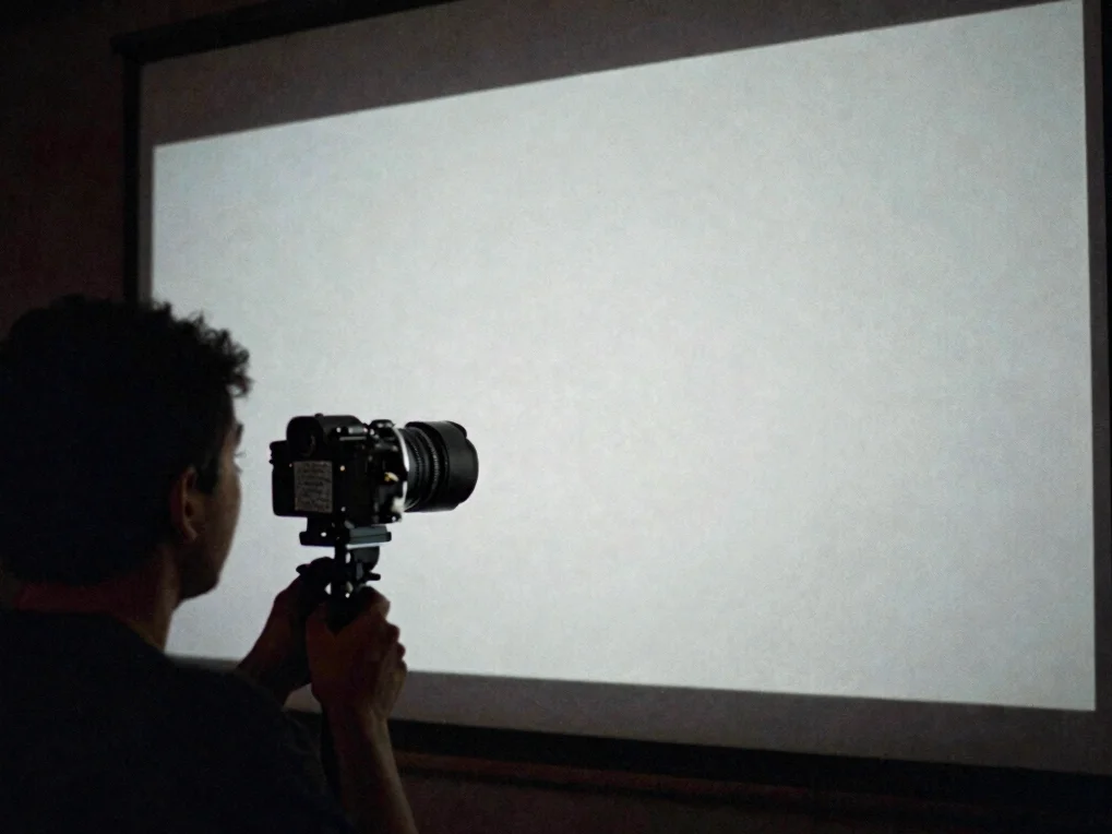 Cuarto oscuro de proyección con haz de luz cruzando el aire hacia