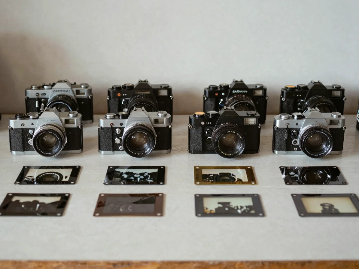 Detalle de cámara analógica de 35 mm sobre una mesa de trabajo co