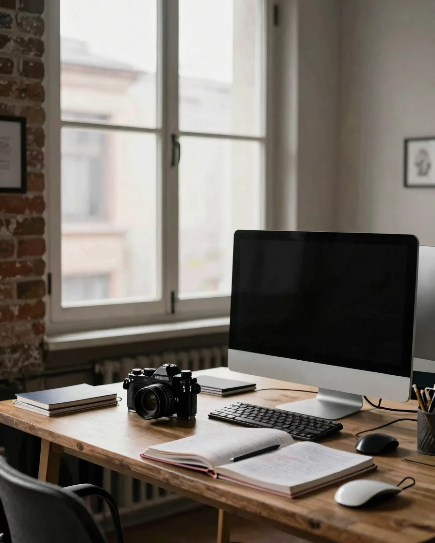 Espacio de trabajo de rodaje con cámara de 35 mm sobre una mesa d